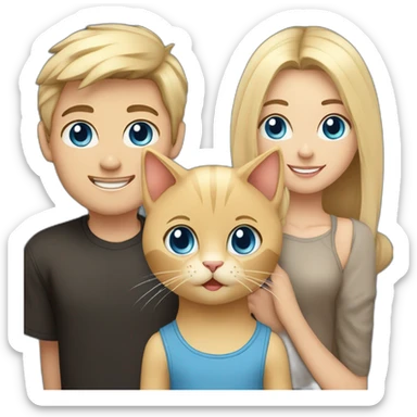 young male with blonde hair, black shirt and blue eyes with his girlfriend with bright long blonde hair, beige shirt and blue eyes. In the middle is a cute brown cat sticker