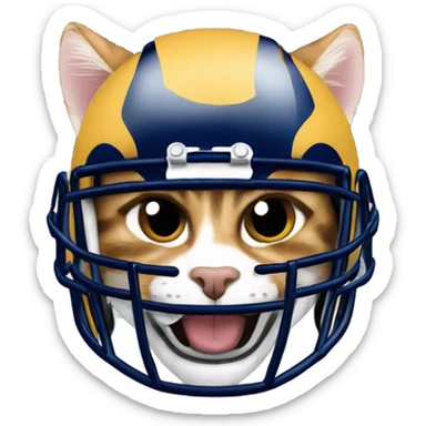 Tabby cat wearing Los Angeles rams football helmet sticker