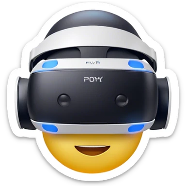 Clash of Clans aesthetic: Cinematic Playful PlayStation VR Headset Portrait Emoji, rendered in a 3D vector-style similar to standard emojis with minimal shading and bold, simplified shapes. A compact, distinct form with signature details, softly glowing with a cutting-edge console technology charm. Simplified yet unmistakably iconic, highly detailed and consistent, glowing with a soft radiance and high shine. Stylized with a touch of technological advancement and a soft glowing outline, capturing the essence of a beloved gaming relic with a friendly, playful manner! sticker