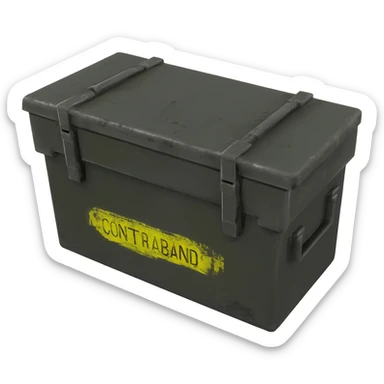 black military ammo box view from 35 degres with a yellow text on it "CONTRABAND" sticker