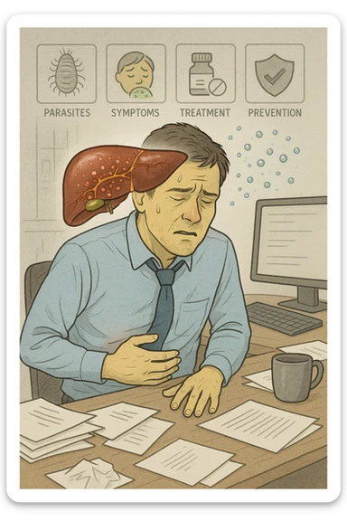 Man sitting at office desk experiencing subtle symptoms of liver dysfunction, upper abdominal pain, nausea, and unexplained fatigue Parasites: Types, Symptoms, Treatment & Prevention, expression of confusion about vague health issues, liver shown in transparent overlay with early inflammation, toxins beginning to accumulate in bloodstream, productivity declining as liver struggles to filter properly sticker