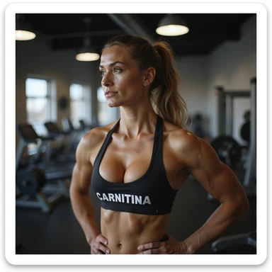 female bodybuilder in gym, hyperrealism 4k, large and clearly visible "CARNITINA" text on chest sticker