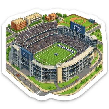 Изометричная, яркая, детализированная и фотореалистичная иллюстрация стадиона Beaver Stadium в стиле 3D-коллажей городов, насыщенные цвета, аккуратные линии, мультяшно-реалистичная стилистика. Чёткие контуры, прозрачный фон, высокое качество. sticker