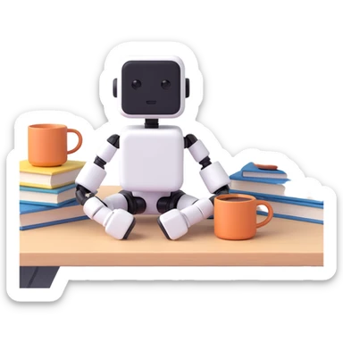 Cute desk companion bot — small cube-shaped AI assistant with articulated arms, sitting on a desk with books and coffee. sticker