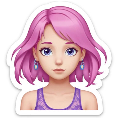 Defined Girl with long thin mid-toned hair, sky eyes, pink hair clips, purple lacey tank sticker
