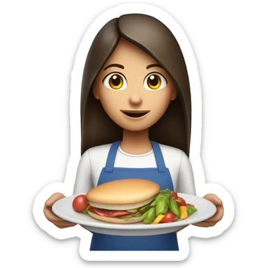 Brunette long straight hair girl holding food plate in a cook hat sticker
