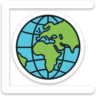 detailed globe icon showing continents, oceans, and latitude/longitude lines, lineal color style with black outlines sticker