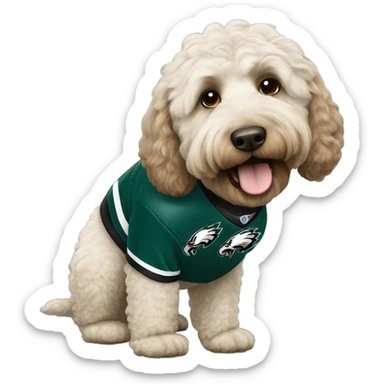 Labradoodle wearing a Philadelphia eagles jersey sticker
