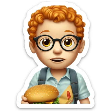 ginger white toddler with freckles and glasses with a burger eating it with a full mouth sticker