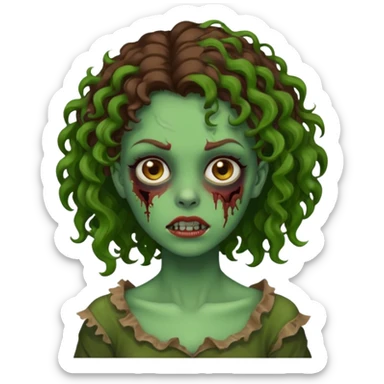 faça uma garota zombie, com a pele verde, cabelo castanho cacheado abaixo do ombro linda sticker
