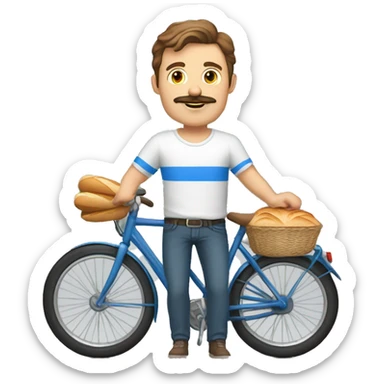 white parisian white man with brown hair a moustache and wearing a white t-shirt with blue stripes, on a bike, wearing a red scarf and holding a baguette sticker