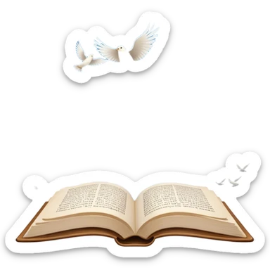 Icon for Poetry Reading: an open book with verses on the pages, from which fly pages transforming into a large flock of small white birds soaring into the blue sky. The icon should evoke the freedom and beauty of poetry. Transparent background. sticker