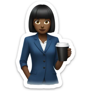 A girl with a black square and short bangs in a blue suit serves a paper black cup of coffee sticker