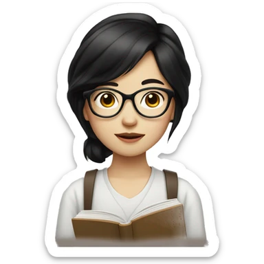 pale face asian girl with nerd glasses and black hair with book sticker