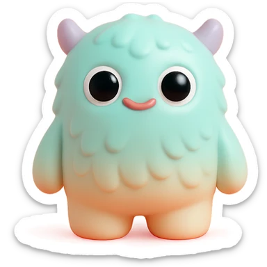 fluffy monster with soft fur texture, big round eyes, small ears, pastel color palette, toy-like sticker