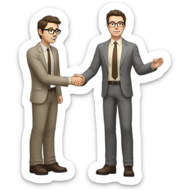 Full height Actively gesturing with hands Pale skinned fit man with dark brown hair in gray jacket, beige office shirt, brown tie, brown pants and vintage glasses. sticker