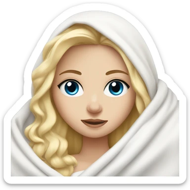 Pretty white blonde girl with blue eyes wrapped in white blanket in bed sticker