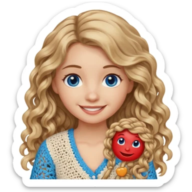 Girl with long light brown slightly blonde ish naturally wavy/curly hair and blue eyes who likes crocheting sticker