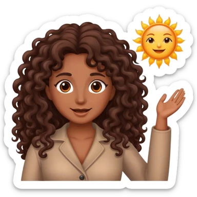 Brown woman with dark brown long curly hair saying good morning with the sun sticker