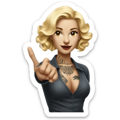 Blonde elegant women, her Body Covered with Tattoos, POINTING to YOU FORWARD with her ONE HAND , Hyper realistic sticker