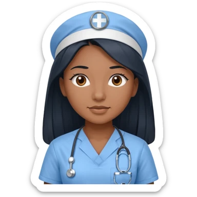 pretty brown skin nurse with long black hair and thin brown eyes in light blue scrubs sticker
