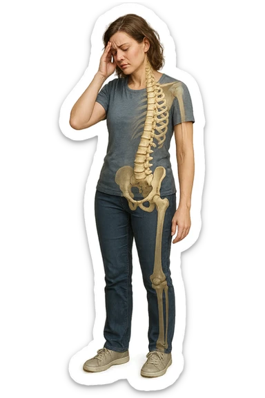 donna stanca a figura intera che si tiene una mano sulla tempia con spina dorsale anatomica visibile, iperrealistico 4k sticker