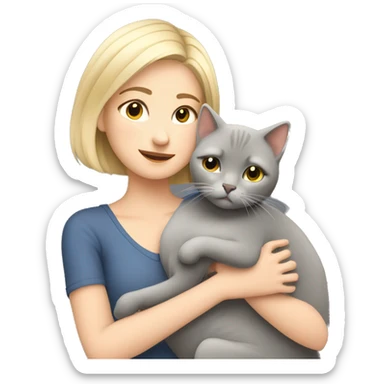 Blonde girl short hair hugging her grey British cat sticker