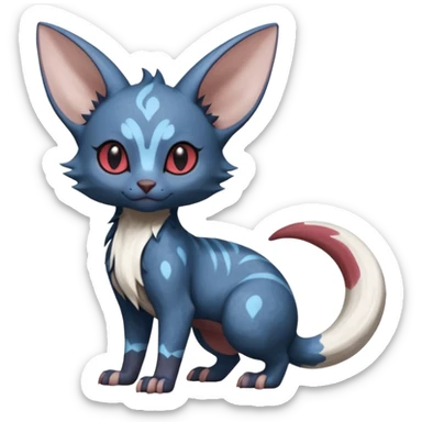 Dark Brown-Oily deep-blue-glittery Minccino-Lykoi-Emolga-Sphynx-Linoone-Zangoose-fusion-hybrid-animal-Fakémon-creature, full body, thin long sleek scaly tail, rounded ears, with intricate markings sticker