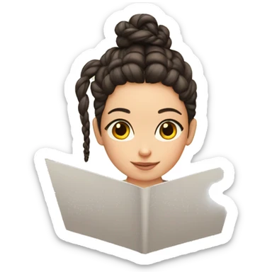 A girl with dark hair and two braided hairpieces writes a letter sticker