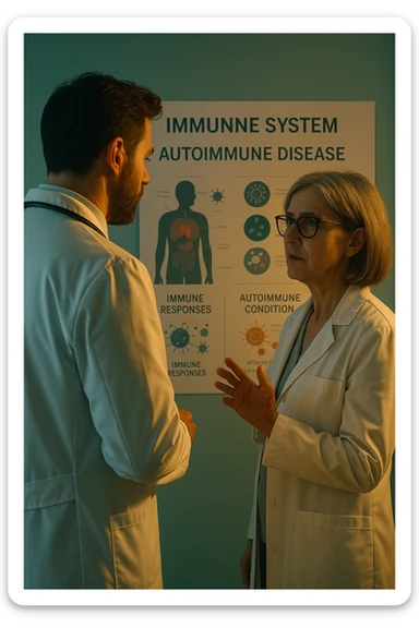 Realistic, detailed photo taken from behind of one doctor e un paziente —a bearded man and a middle-aged woman—standing and facing each other as they discuss an autoimmune disease diagnosis in front of a medical chart that displays information about the immune system and autoimmune conditions. The scene is illuminated by a yellowish, orange, warm light that softly envelops the doctors. The entire room is bathed in a single green-blue color, creating a cohesive and modern atmosphere. Both doctors wear white coats, and their body language suggests a serious, professional conversation about the complexities of autoimmune diseases. Shot with a Canon EOS R5, with high detail and natural depth of field. scritto in italiano sticker