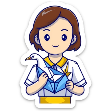 Happy Ukrainian young girl with brown hair in a white embroidered shirt holds an origami yellow and blue crane sticker