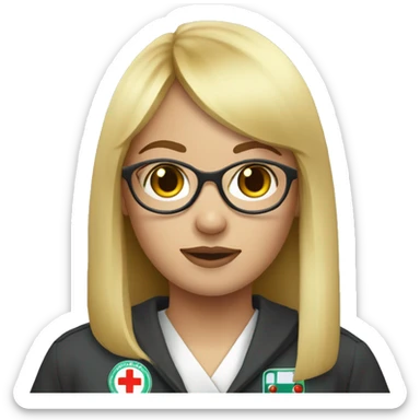 blonde straight hair girl with bangs, round eyeglasses, with ambulance rescuer robe sticker