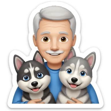 A smiling 60 year old man with blue eyes and short light gray hair and no facial hair, holding a single black and white husky dog with floppy ears and white tuft eyebrows  sticker