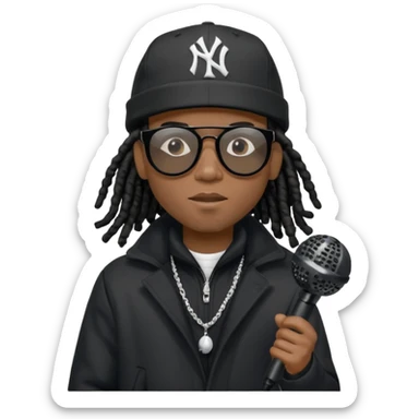 African American man with shoulder length black dreadlocks wearing black sunglasses with black bubble winter coat wearing black New York Yankees baseball hat rapping into a microphone sticker