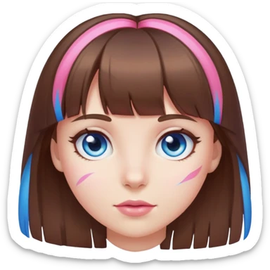 girl with brown hair, bangs and a pink streak on the right side with blue eyes sticker