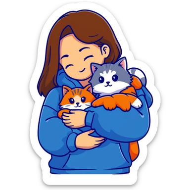 Brunette girl with dark blue sweatshirt snuggling a fluffy grey Siberian cat sticker