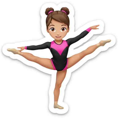 Happy female gymnast with brown hair in a neat bun, wearing a black uniform with neon pink elements. sticker