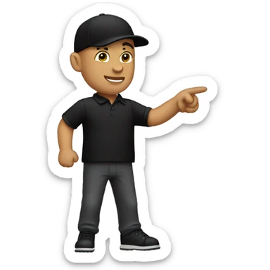 bald man pointing in front wearing a black cap and black polo sticker