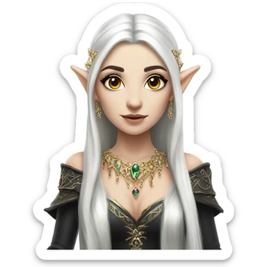 elf princess with pointy ears, white skin, black hair with jewellery,  sticker