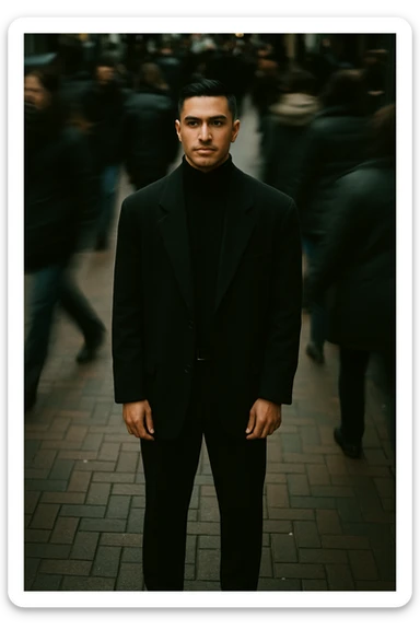 overhead shot of me standing still on a brick city sidewalk, wearing a dark oversized blazer,motion-blurred crowd rushes past around me. Moody lighting, 35mm film look, shallow depth of field, sharp focus on me. sticker