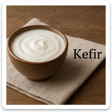 photo realistic bowl of kefir with the word 'Kefir' in Italian next to it sticker