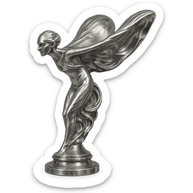 Spirit of Ecstasy statue, silver, art deco style, Rolls Royce mascot, flowing robes, classic luxury, iconic car emblem sticker