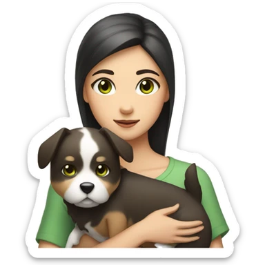 a girl with green eyes and dark hair holds a Shibu Inu dog in her hands sticker