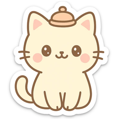 kawaii cat, wearing a tiny hat, sitting upright, smiling, soft color palette sticker