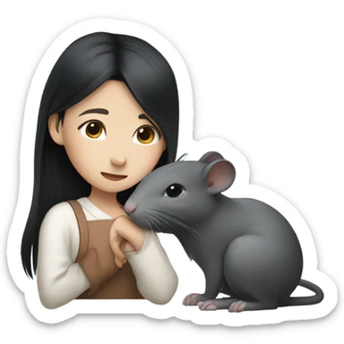 A korean girl with long black hair whispering to a grey rat sticker