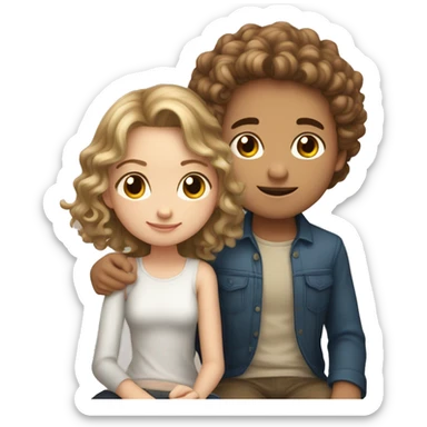 Two people, a girl and a boy, the girl has light brown hair and white skin, the boy has brown curly hair and white skin, they are sitting with their luxurious looks and the girl puts her head on his shoulder sticker