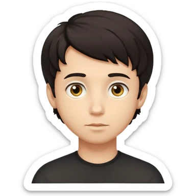 This avatar of boy has tightly curled dark hair styled upward, a rounded face with golden-brown eyes, and a neutral expression sticker