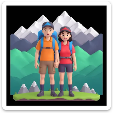 back packer couple posing, mountains in background,   close up pose sticker