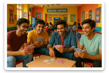 Add a colorful Indian college canteen background while keeping the four friends playing tash as the main focus of the image. sticker