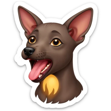 Cinematic Cute Yawning Xoloitzcuintle dog Portrait Emoji, Head tilted slightly with a dramatic, wide-open yawn, showcasing smooth, hairless ebony skin with gently relaxed wrinkles and floppy ears slightly drooping, round dark eyes barely open in drowsy contentment, Simplified yet irresistibly adorable features, highly detailed, glowing with a soft, cozy glow, high shine, relaxed yet expressive, stylized with a touch of whimsy, bright and endearing, soft glowing outline, capturing the essence of a sleepy yet affectionate guardian, so drowsy it feels like it could stretch out of the screen and curl up for a nap! sticker